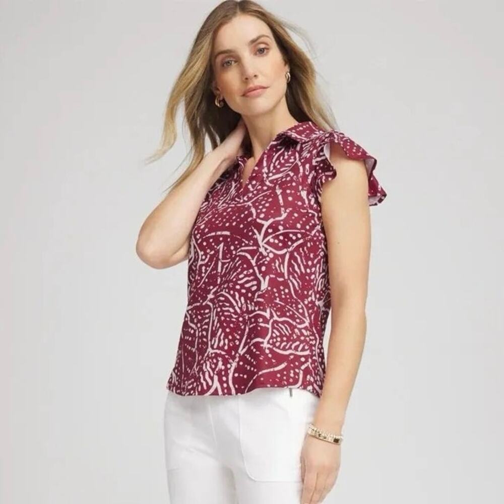 Women's Chico's Zenergy UPF Printed Red and White Ruffle Sleeve Top Size 2 (L)